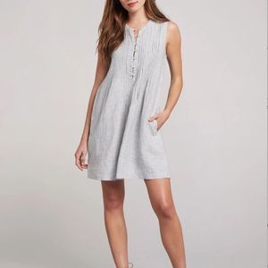 Faherty Isha Linen Pintuck Sleeveless Dress in Blue Mini Pinstripe NWT
